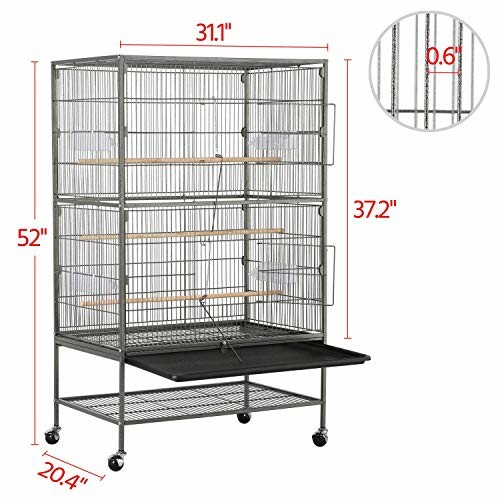 Large bird cage with dimensions and features.