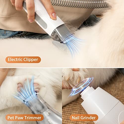 Close-up of pet grooming tools including electric clipper, paw trimmer, and nail grinder.