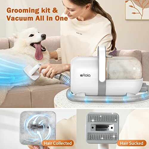 Woman using a grooming and vacuum kit on a fluffy white dog.