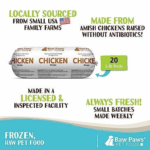 Raw Paws Pet Food packaging highlighting locally sourced chicken and freshness.