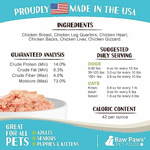 Raw Paws pet food nutritional information and serving guide.