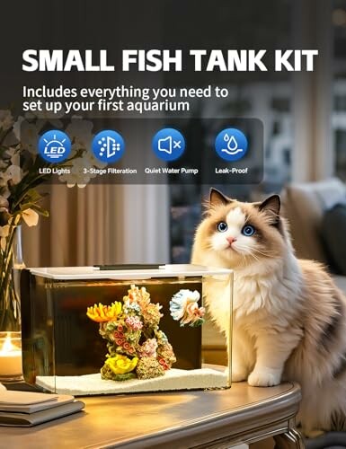 Fish tank kit with cat, LED lights, and coral decoration.