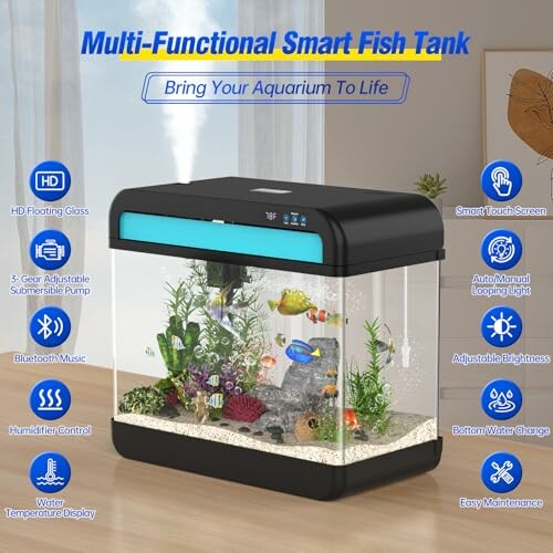 A multi-functional smart fish tank with touch screen and LED lights.